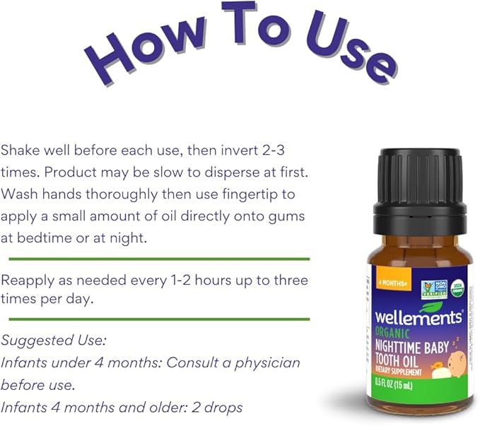 Wellements Organic Nighttime Baby Tooth Oil. Soothing Massage Oil 0.5 Fl 4 Months