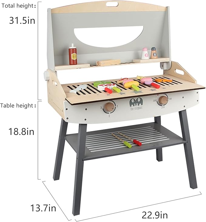 Wooden Pretend Barbecue Grill Play Set, Play Kitchen Set Cooking Gift for Girls and Boys - Best for 3 4 5 Year Old Kids
