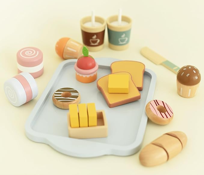 Wooden Play Food Sets for Kids Toddlers Kitchen Pretend Food Play Wood Bakery Toy for 3 4 5 6 7 Years Old Boys & Girls