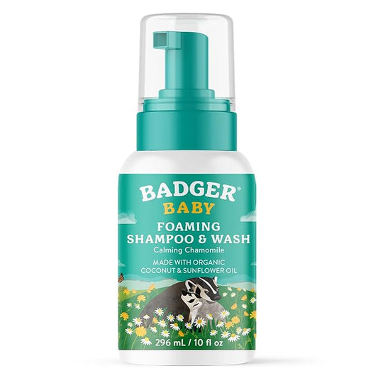 Badger Calming Chamomile Foaming Baby Shampoo and Body Wash, Organic Gentle Newborn or Toddler Soap 10 fl