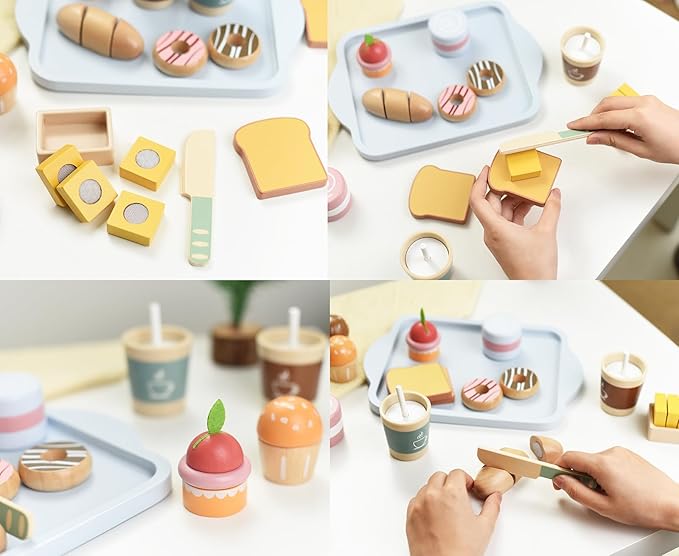 Wooden Play Food Sets for Kids Toddlers Kitchen Pretend Food Play Wood Bakery Toy for 3 4 5 6 7 Years Old Boys & Girls