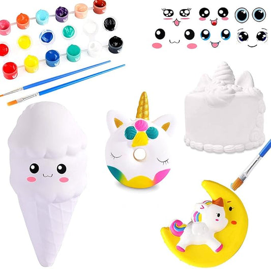 Squishies Painting Kit for Kids,DIY Dessert Paint Toys White Blank Arts and Crafts Kawaii Soft Creamy Squishy Slow Rise Making Kit for Girls Boys Party Favors Toys Stress Anxiety Relief for Kid Adult