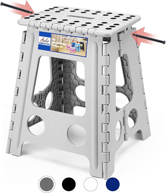 ACKO Folding Step Stool Foldable 16 Inch Stool 400 lbs Capacity,Plastic Stools for Adults and Kids,Collapsible Stool for Kitchen, Stepping Stool with Handle(Grey)