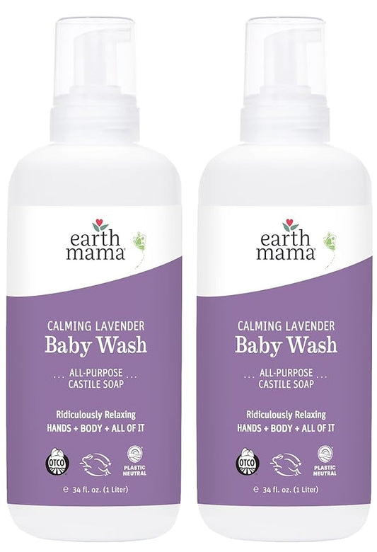 Earth Mama Calming Lavender Baby Wash Liquid Foaming Hand Soap Refill, Organic All-Purpose Lavender Body Wash for Sensitive Skin 34Fl Oz 2PK