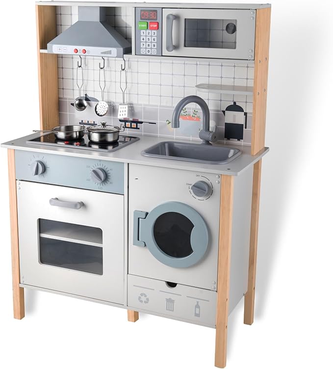 Wooden Kitchen Playset for Kids Ages 3-8, Pretend Play Kitchen for Toddlers with Realistic Lights & Sounds, Cooking Accessories, Pretend Toddler Kitchen Gift for Girls Boys (Traditional)