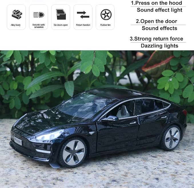 1:32 Scale Model 3 Alloy Car Model Diecast Toy Vehicles for Kids, Tesla car Model，Pull Back Alloy Car with Lights and Music