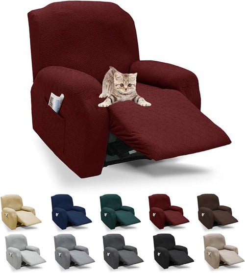 XINEAGE 4 Pieces Recliner Cover Stretch Jacquard Recliner Chair Covers Soft Recliner Slipcovers with Pocket for Kids and Pets, Washable Couch Cover (Recliner, Wine Red)