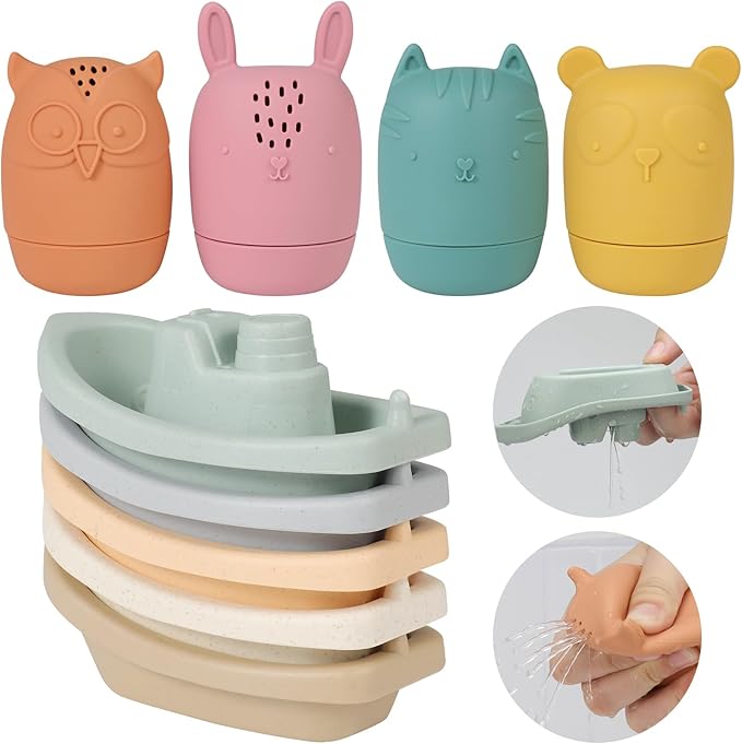 Bath Toys Floating Boats with Silicone Bath Toys,9pcs Mold Free Baby Bath Toys for Infants 6-12-18 Months 1-3,Shower Toys 1 2 3 4