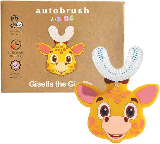 autobrush U Shaped Kids Manual Toothbrush- 360° Design for Upto 5.1X Better Cleaning with Unique Nylon Bristles, Comfort Grip Handle, Waterproof Design, Ages 6-8, Giraffe (Double-Sided)