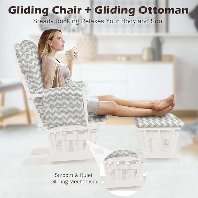 Costzon Nursery Glider with Ottoman, Upholstered Comfort Glider Rocker with Padded Cushion, Storage Pocket, Solid Wood Base, Rocking Chair Nursery for Breastfeeding, Maternity, Napping (Gray & White)