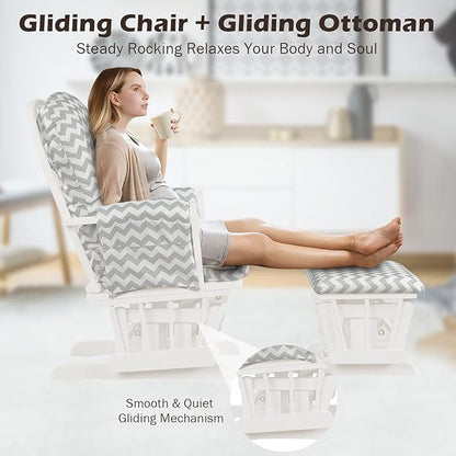 Costzon Nursery Glider with Ottoman, Upholstered Comfort Glider Rocker with Padded Cushion, Storage Pocket, Solid Wood Base, Rocking Chair Nursery for Breastfeeding, Maternity, Napping (Gray & White)