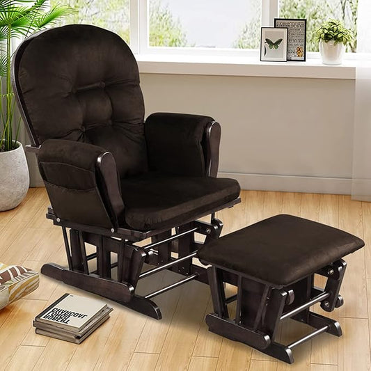 Costzon Glider and Ottoman Set, Wood Glider Rocker for Nursery, Upholstered Comfort Nursing Rocking Chair with Storage Pocket, Padded Armrests & Detachable Cushion, Easy to Assemble (Brown)