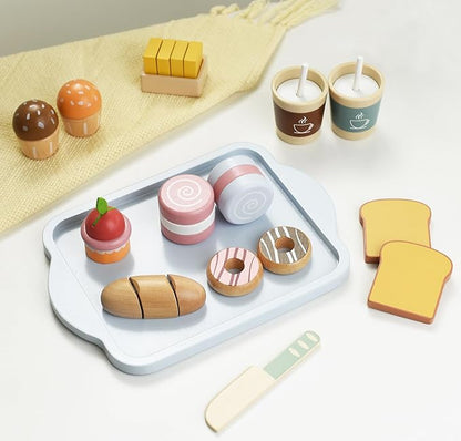 Wooden Play Food Sets for Kids Toddlers Kitchen Pretend Food Play Wood Bakery Toy for 3 4 5 6 7 Years Old Boys & Girls