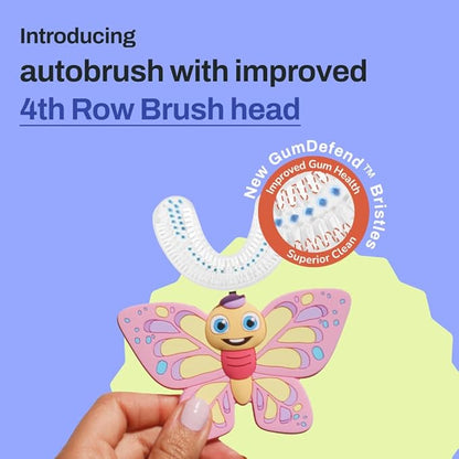 autobrush U Shaped Kids Manual Toothbrush- 360° Design for 5.1X Better Cleaning with Unique Nylon Bristles, Comfort Grip Handle, Waterproof Design, Ages 9-12, Butterfly (Double-Sided)