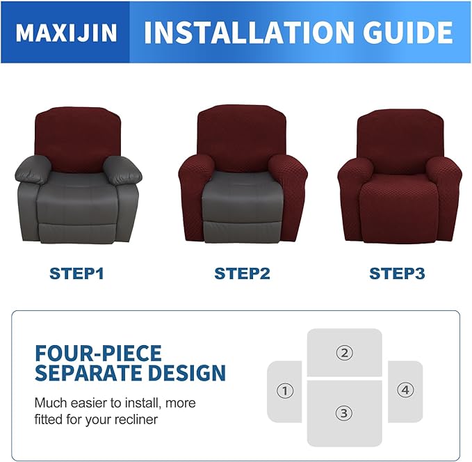 MAXIJIN Recliner Cover Slipcovers for Living Room 4 Pieces Stretch Jacquard Recliner Chair Cover Soft Fitted Recliner Protector with Elastic Bottom for Kids, Pets (Recliner, Wine Red)