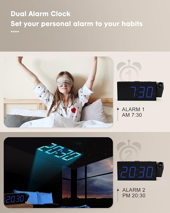 OnLyee Projection Alarm Clock for Bedroom, LED Digital on Ceiling Wall with USB Phone Charging, Battery Backup, 180° Rotatable Projector & Dimmer, 12/24H, DST, Snooze, Dual Loud Bedside Heavy Sleeper