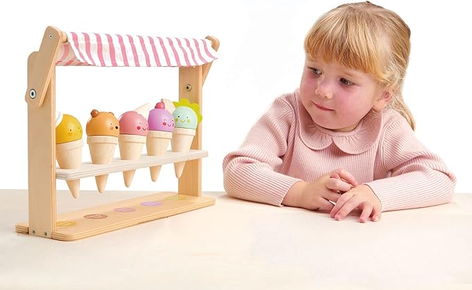 Tender Leaf Toys - Scoops and Smiles - Ice Cream Toy Shop with 5 Solid Wood Pretend Play Set for Kids, Play Food and Accessories, Encourage Role Play and Develops Social Skills - Age 3+