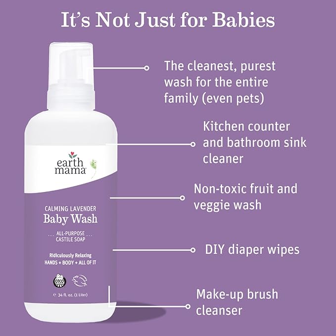 Earth Mama Calming Lavender Baby Wash Liquid Foaming Hand Soap Refill, Organic All-Purpose Lavender Body Wash for Sensitive Skin 34Fl Oz