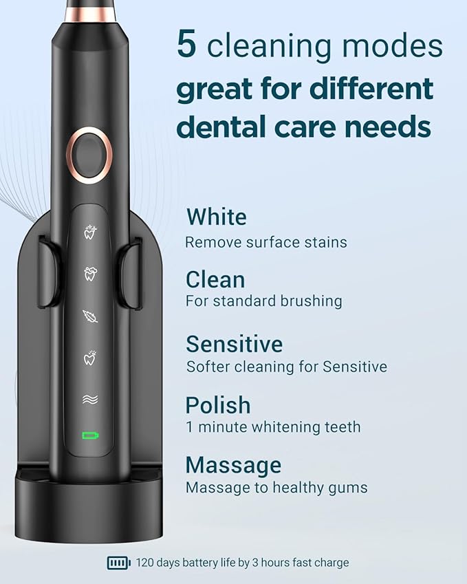 Rtauys 2 Pack Electric Toothbrush for Adults - 2 Rechargeable Electric Toothbrushes with 12 Brush Heads & 2 Travel Case, Power Electric Toothbrush with Holder, 3 Hrs Charge for 120 Days - Black+Pink