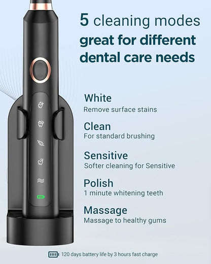 Rtauys 2 Pack Electric Toothbrush for Adults - 2 Rechargeable Electric Toothbrushes with 12 Brush Heads & 2 Travel Case, Power Electric Toothbrush with Holder, 3 Hrs Charge for 120 Days - Black+Pink