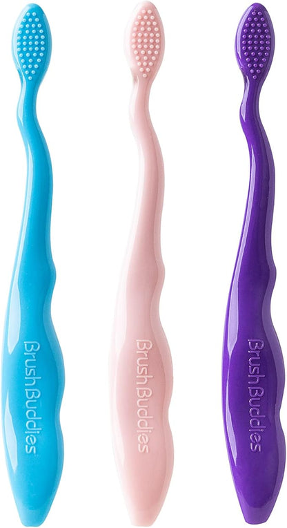 Brush Buddies Barbie Manual Soft Bristled Toothbrush for Kids, Multi-Colored & Fun Toddler Toothbrush, Anti-Slip Grip Handle, Kids Travel Toothbrush, 3 Pack