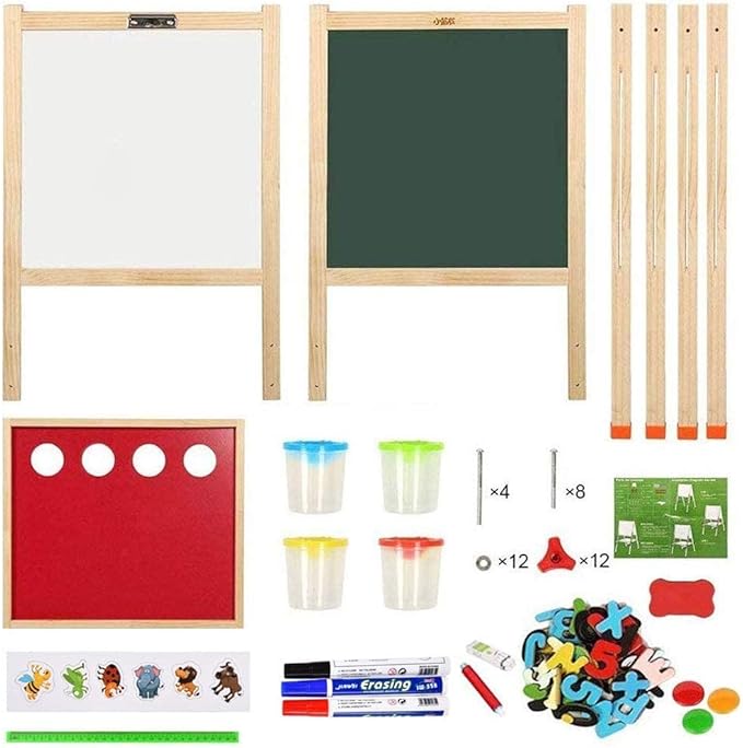 Wooden Art Easel for Kids, Double Sided Kids Easel with Whiteboard & Chalkboard, Height Adjustable Standing Toddler Easel with Painting Accessories, Education Gift for Boys and Girl Toddler