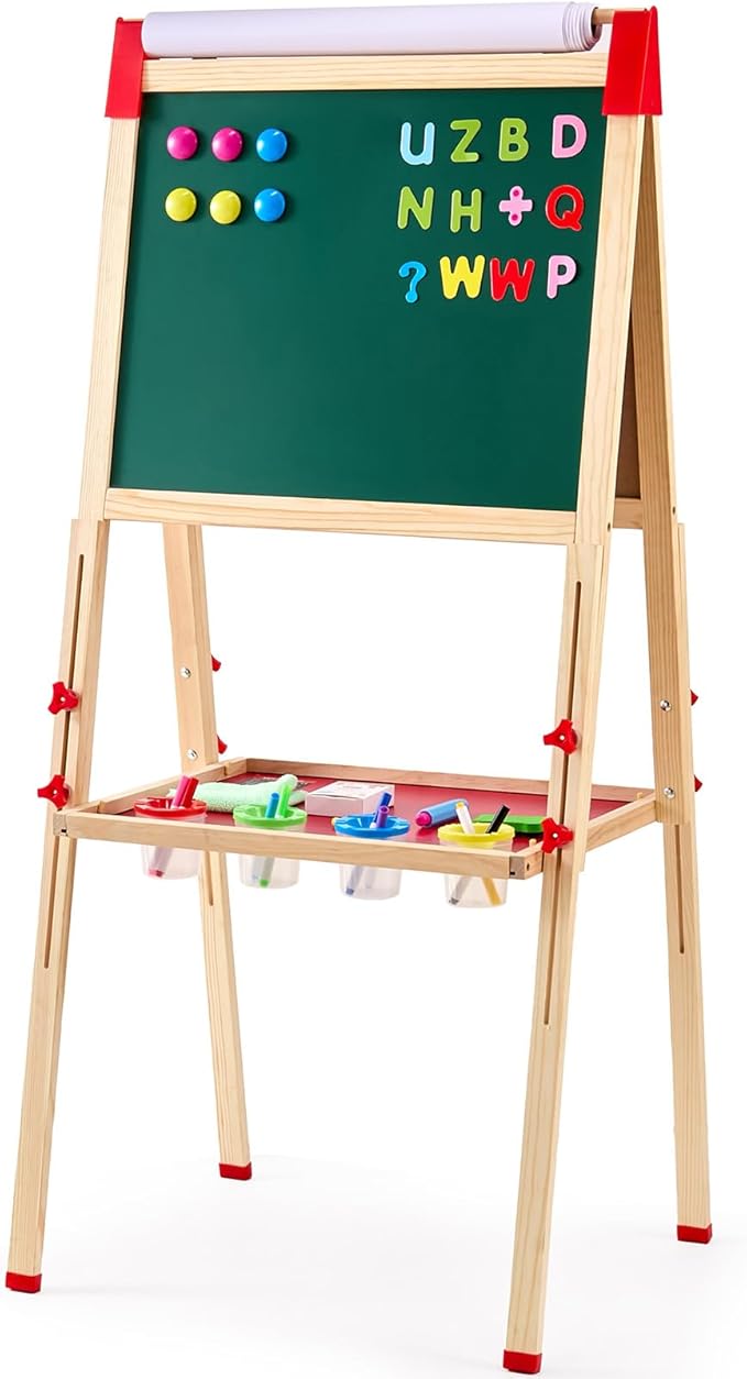 VEVOR Art Easel for Kids, 3-in-1 Wooden Double-Sided Kid's Art Easel with Magnetic Whiteboard, Chalkboard & Paper Roll, Adjustable Standing Drawing Board with Painting Accessories for Boys and Girls