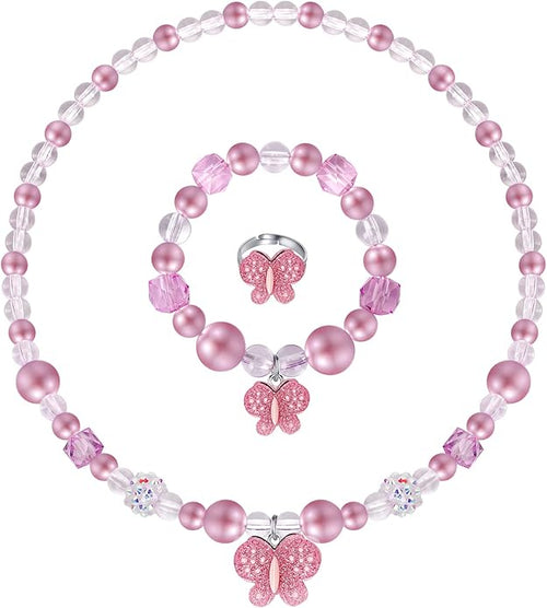 Butterfly Jewelry Set, Kids Butterfly Jewelry for Girls Included Necklace Bracelet Ring, Stretchy Toddler Play Jewelry Cute Toddlers Butterfly Pendant,Pretend Dress up Jewelry