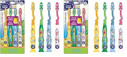GuruNanda Kids Toothbrush with Suction Cup & Fun Animal Designs - Soft Bristles for Healthy Gums- Non-Slippery & Mess-Free Toothbrush, 3+ Age- 4 Count (Pack of 2)