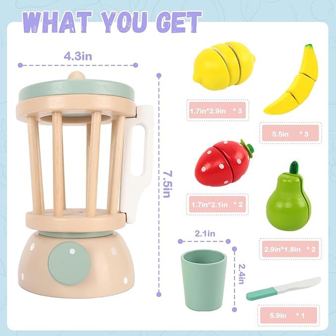 Wooden Blender Toys Play Kitchen Set for Kids-Fruit Juicer Maker Toy,Pretend Cutting Fruits Toys Mixer Food Play Kitchen Accessories for Kids,Toy Blender for Kids 3+ Years Old（Wood Fruit Blender）