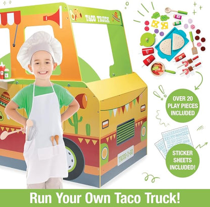 Taco Truck Wooden Playset, 30 Toy Pieces- Cook Top, Steering Wheel Sink Sticker Sheet for Kids Name- Food, Taco Shells, Cheese, Patties- Dual Sided Activity Play Stand Set for Indoor Fun, Ages 3+ Gift