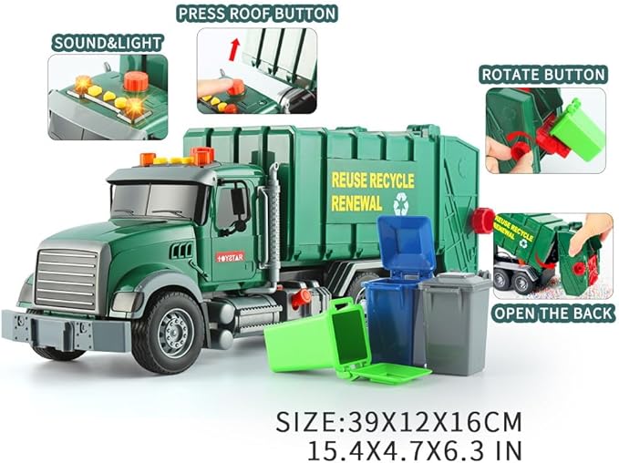 15" Garbage Truck Toy,Dump Friction Powered Waste Management Recycling Trash Truck with Lights &Sounds 3 Trash 3 +