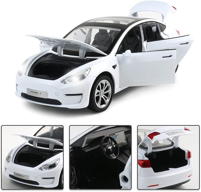 1:24 Scale Model 3 Alloy Car Model Diecast Toy Vehicles for Kids, Car Model Toy，Pull Back Alloy Car with Lights and Music Girls.(1:24 Model 3 -White)