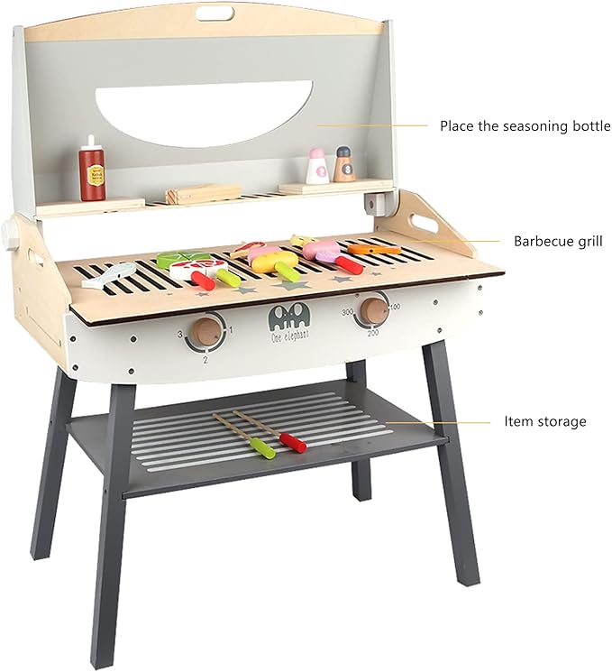 Wooden Pretend Barbecue Grill Play Set, Play Kitchen Set Cooking Gift for Girls and Boys - Best for 3 4 5 Year Old Kids