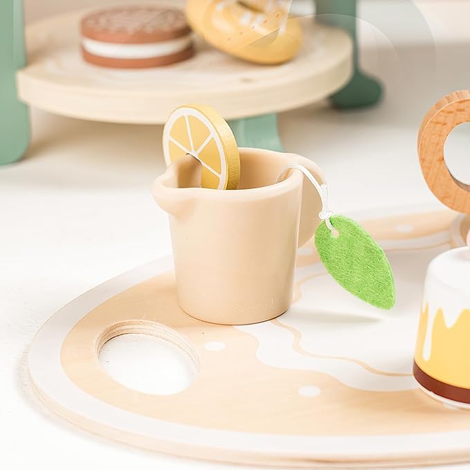 Wooden Dessert Cake Tea Party Set for Little Girls Toys, Pretend Play Kids Tea Set for Toddlers Wood Toys, Wooden Play Food Kitchen Accessories Sets for Kids