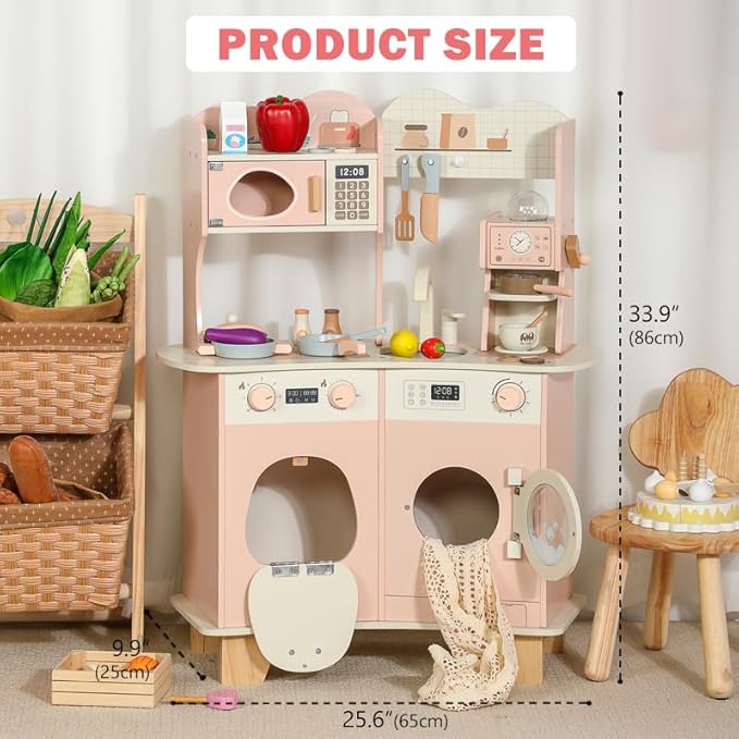 Wooden Play Kitchen for Kids Toddlers, Wooden Pretend Play Kitchen Set Toy with Washing Machine and Coffee Grinder, Toys Kitchen Gift for 3+ Year Old Kids, Girls & Boys