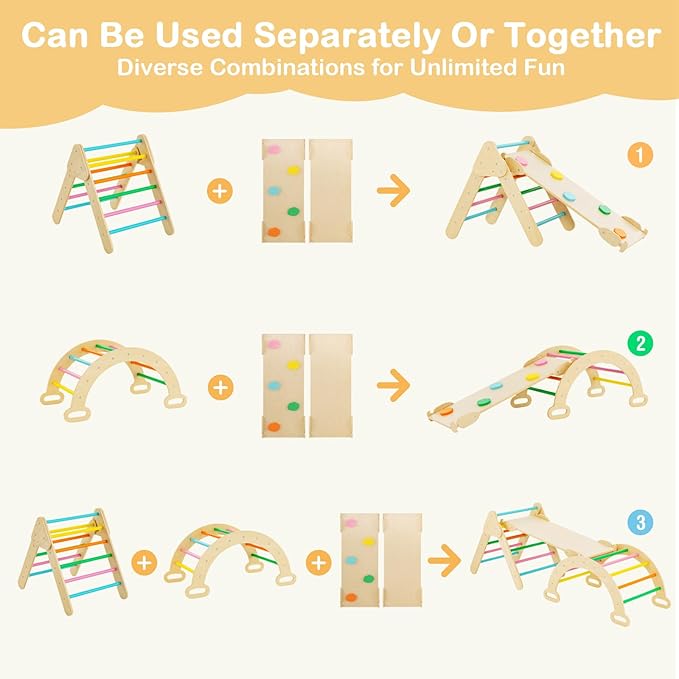 Costzon Climbing Toys for Toddlers, Foldable Montessori Wooden Arch Climber Ladder with Sliding Ramp, Multi-Combination Methods, Rainbow Kids Triangle Climber Play Gym Set for Boys Girls Gift Present