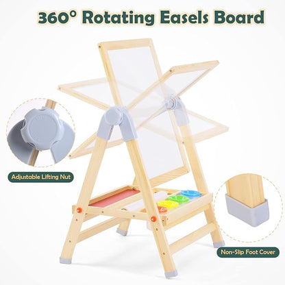 XCSOURCE Art Easel for Kids, 360°Rotating Adjustable Toddler Easel, Double Sided Wooden Kids Easel Drawing Board with Magnetic Chalkboard, Dry Erase White Board & Paper Roll Paint Art Set for Kids 2+