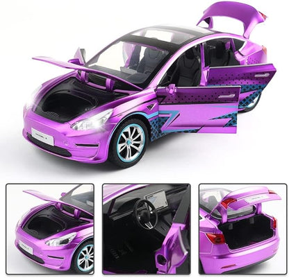 1:24 Scale Model 3 Alloy Car Model Diecast Toy Vehicles for Kids, Car Model Toy，Pull Back Alloy Car with Lights and Music Girls.(1:24 Model 3 -Purple)
