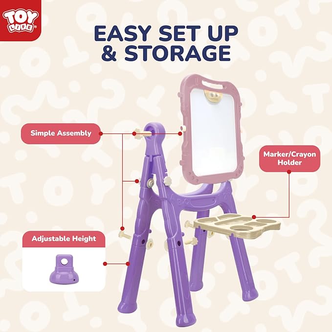 TOY Life Easel for Kids Art Easel for Toddler Easel - 4in1 Double-Sided Large Magnetic Board Kids Chalkboard Easel Drawing White Board for Kids Magnetic Letters & Numbers Pink Easel for Girls