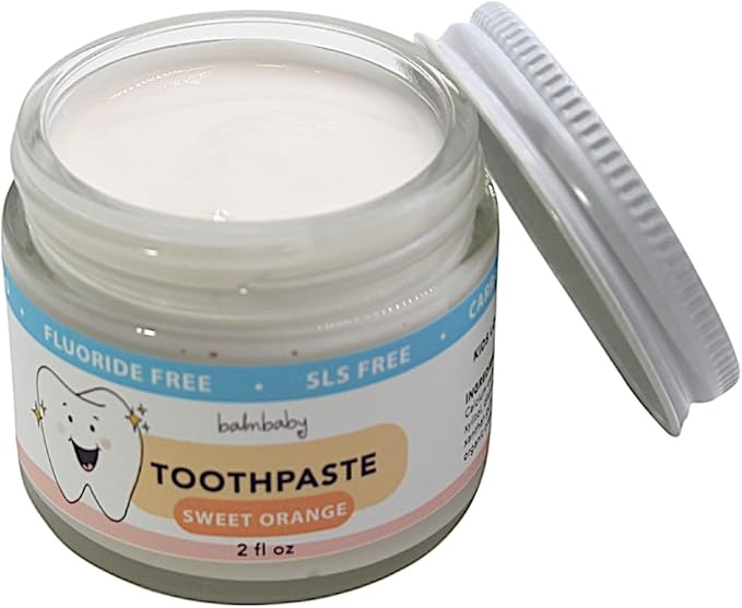 Kids All Natural Fluoride Free Toothpaste by Balm Baby Brand – SLS Free Toothpaste with Xylitol, Vegan, Gluten Free, BPA Free, Glass Jar Zero Waste Children’s Teeth Paste (Orange)