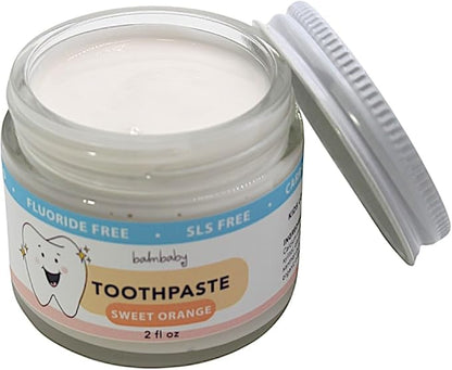 Kids All Natural Fluoride Free Toothpaste by Balm Baby Brand – SLS Free Toothpaste with Xylitol, Vegan, Gluten Free, BPA Free, Glass Jar Zero Waste Children’s Teeth Paste (Orange)