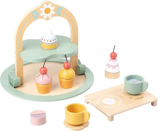 Wooden Dessert Cake Tea Party Set for Little Girls Toys, Pretend Play Kids Tea Set for Toddlers Wood Toys, Wooden Play Food Kitchen Accessories Sets for Kids (Garden Tea)