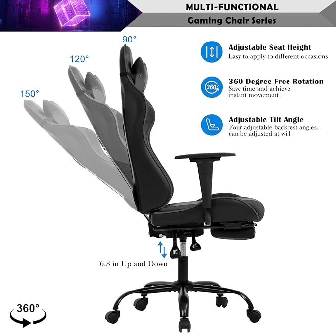 PC Gaming Chair Computer Chair PU Leather Recliner with Lumbar Support Headrest,High Back Racing Office Chair Video Gaming Chair Rolling Swivel Task Chair for Kids or Adults,Grey