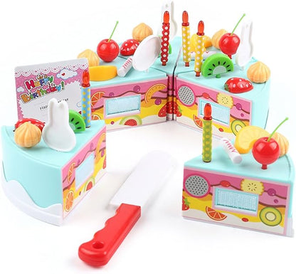 75PCS Birthday Cake Toy DIY Cutting Cake Play Set Kids Play Kitchen Food Pretend Play Cake Toy Best for Girls Birthday Party Gift (75PCS Blue)
