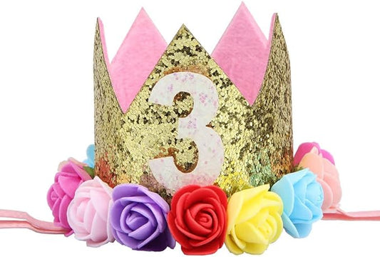 Baby's Rose Flowers Gold Sequins Birthday Crown Headband for Birthday