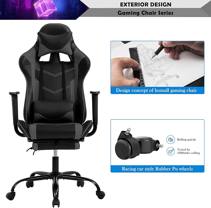 PC Gaming Chair Computer Chair PU Leather Recliner with Lumbar Support Headrest,High Back Racing Office Chair Video Gaming Chair Rolling Swivel Task Chair for Kids or Adults,Grey