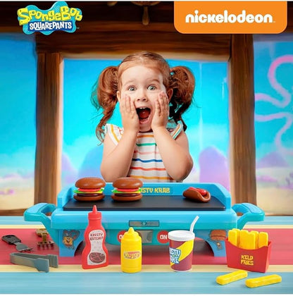 SpongeBob SquarePants Krusty Krab Toy Grill for Kids Lights & Sounds Krabby Patty Burgers, Kelp Fries, Pretend Plastic BBQ Cooking Toys for Toddlers