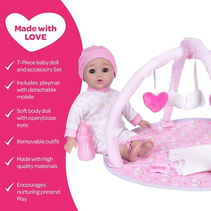 ADORA Over The Rainbow Baby Doll and Play Mat with 7 Piece Accessories Set Including Rainbow-Print Onesie, Beanie, Pacifier, Doll Diaper and Pink Bottle Birthday Gift for Kids Ages 3+
