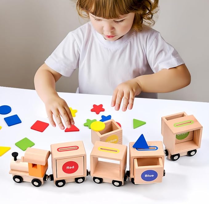 Wooden Magnetic Train Playset, Shape and Color Recognition Color Wooden Train 1-3 Years